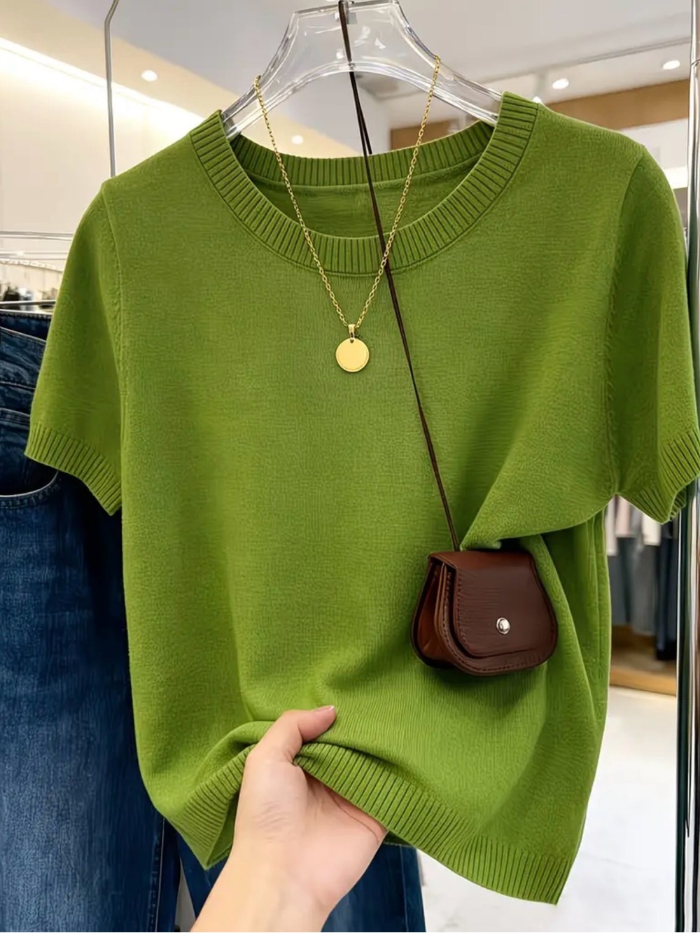 Green Short-Sleeve Knit Sweater - Casual Women's Top
